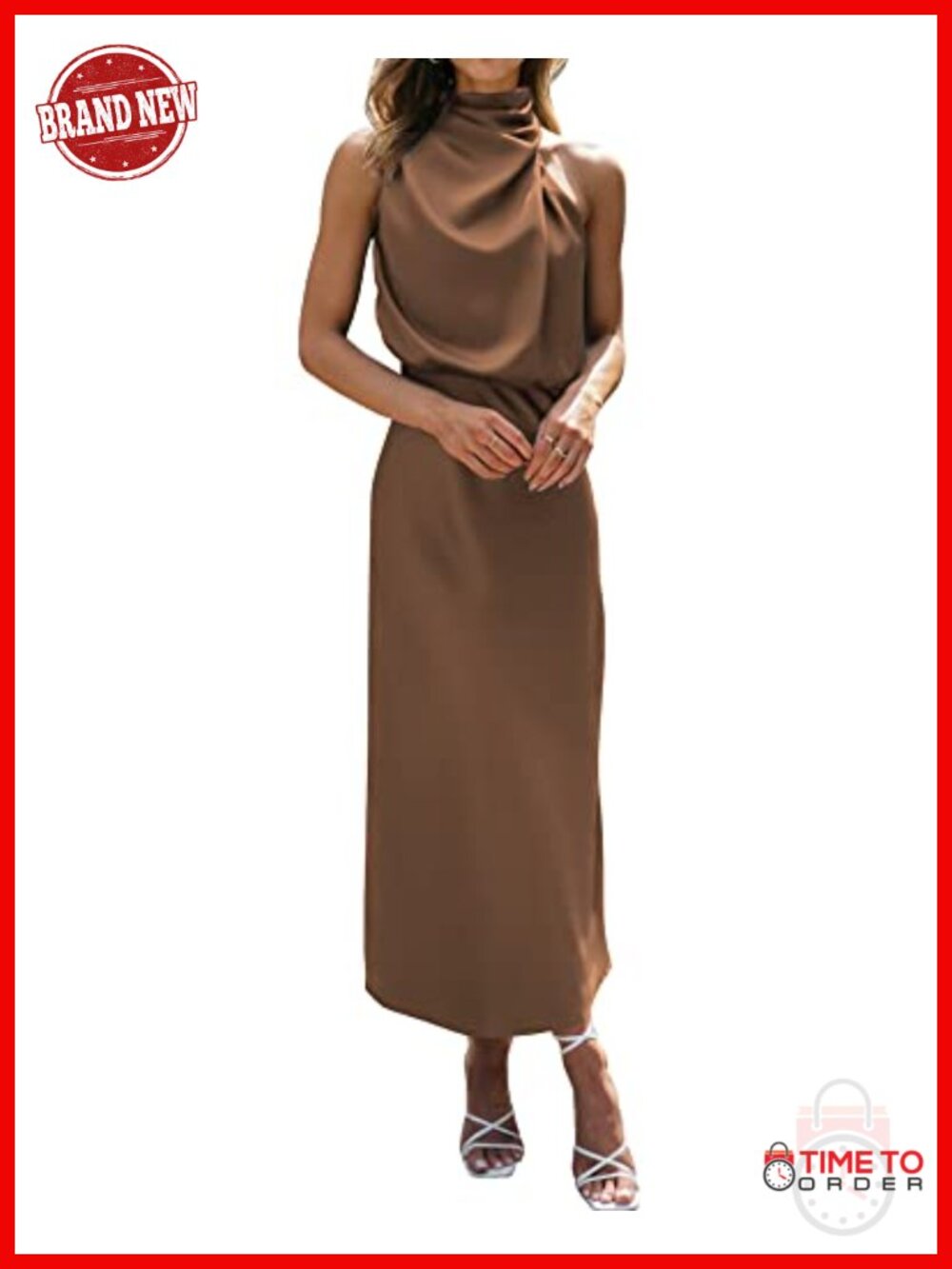 Satin Mock Neck Sleeveless Maxi Dress for Women Formal Cocktail Party